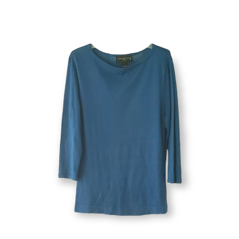 August Silk Blue 100% Silk Knit Boatneck 3/4 Sleeve Stretchy Sweater Large